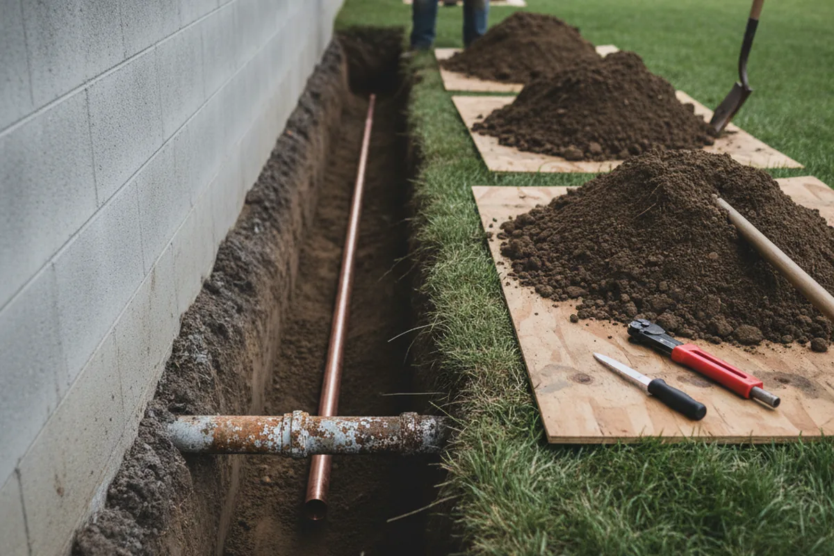 Excavated water line trench during Water Softener Installation in Melvin